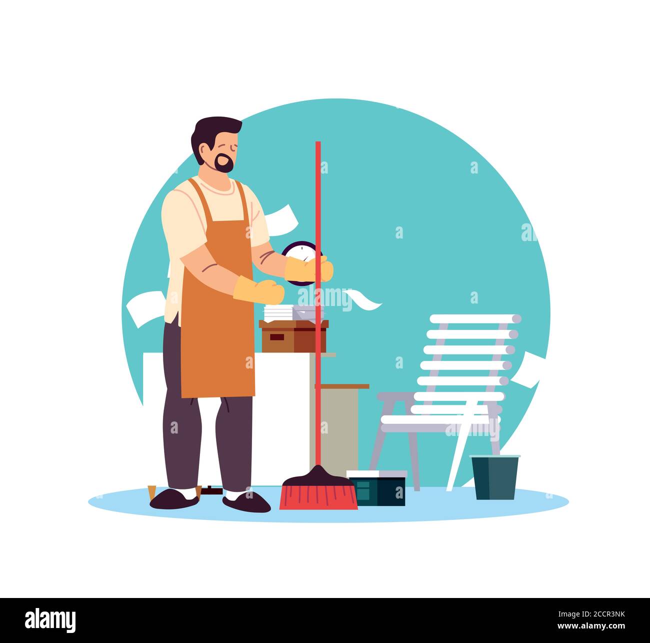 Cleaning man with apron and brooms vector illustration desing Stock Vector