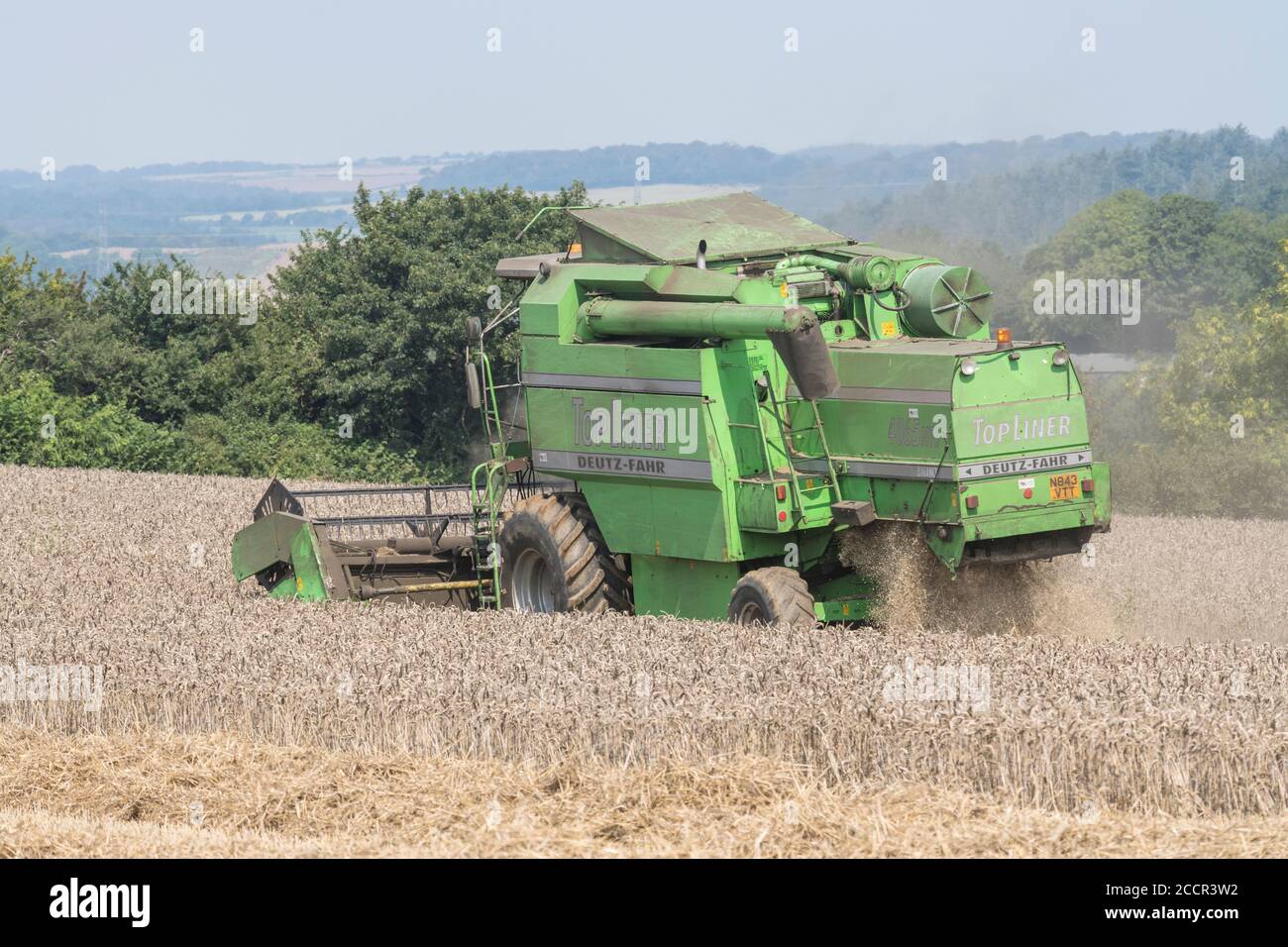 Deutz-Fahr 4065 combine harvester cutting 2020 UK wheat crop on hot summer day & filling air with dust. Tine reel, side-pipe and straw walker visible. Stock Photo