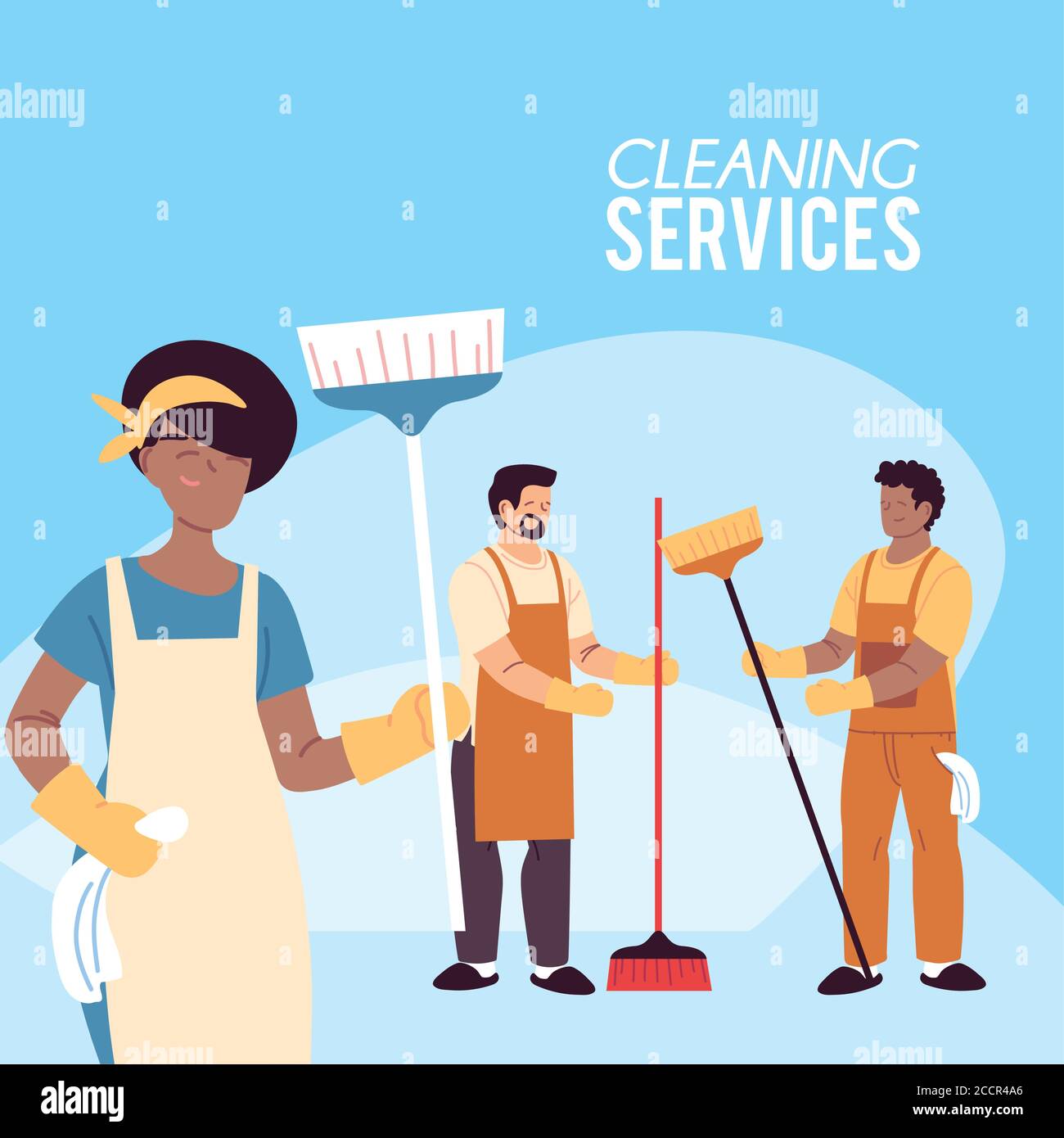 woman and men with brooms and apron in cleaning service vector ...