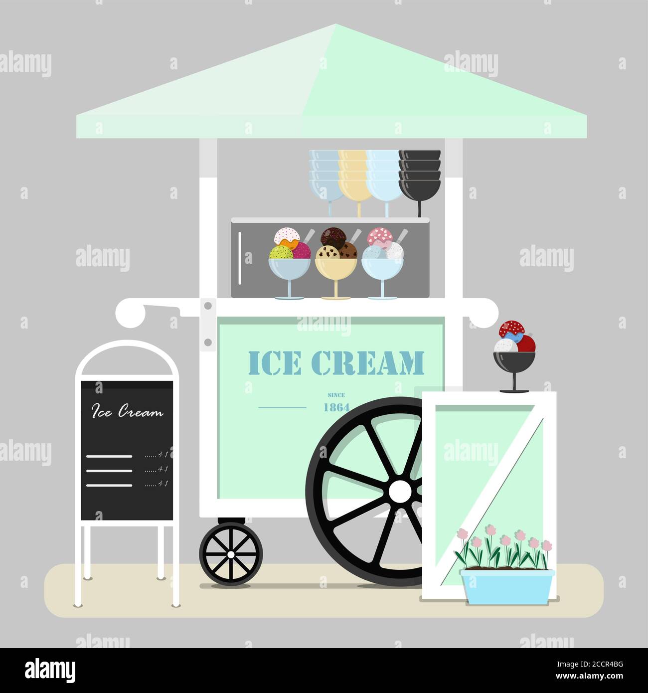 Flat cute ice cream cart. Diner in the Park, at the fair, street and festival. Vector illustration in pastel green and blue tones. Point of sale of ice cream, Popsicle, Gelato, ice and milkshakes. Cold ice cream for children and adults on a walk in the fresh air. Stock Vector