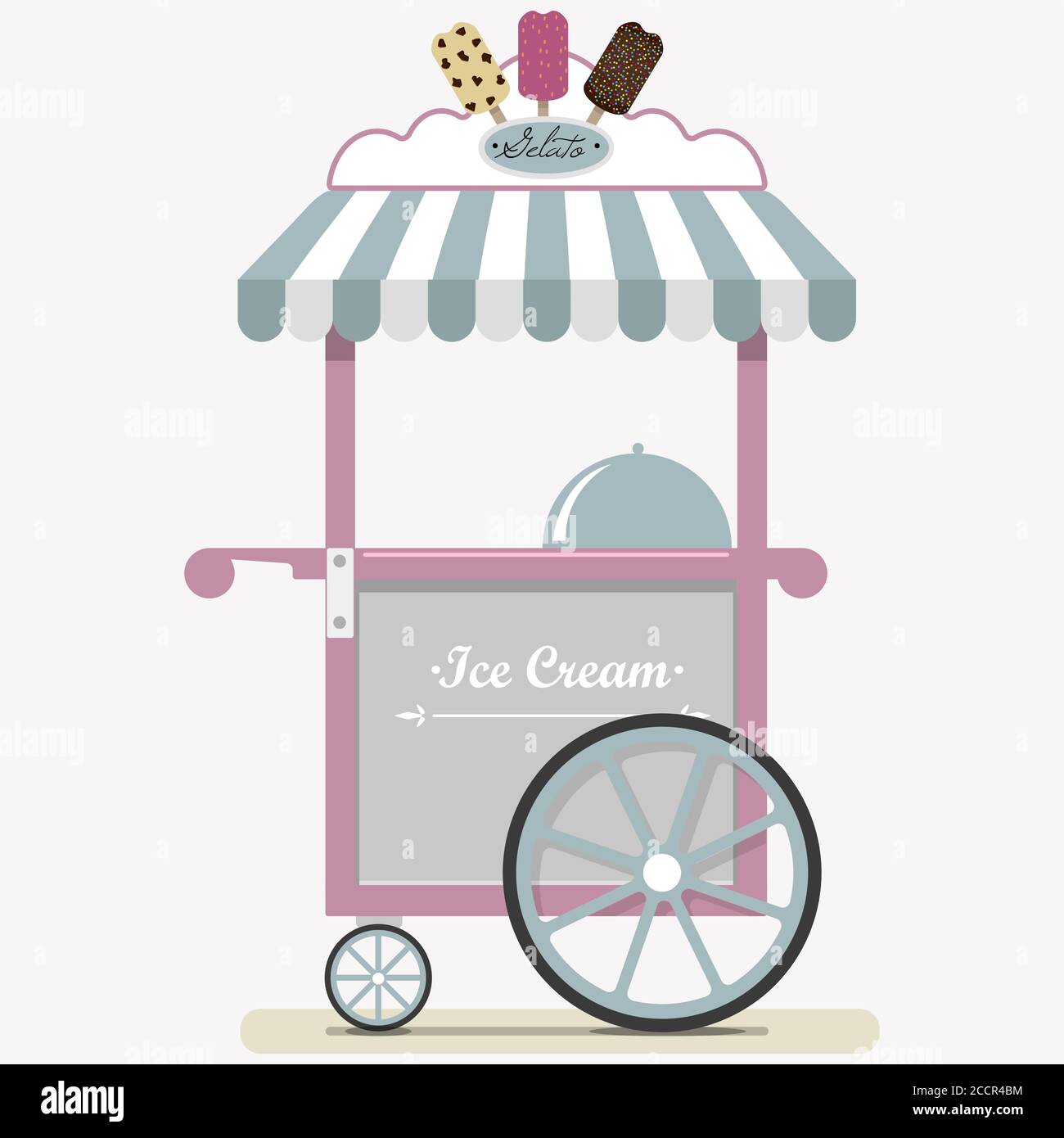 Flat cute ice cream cart. Diner in the Park, at the fair, street and festival. Vector illustration in pastel pink and blue tones. Point of sale of ice cream, Popsicle, Gelato, ice and milkshakes. Cold ice cream for children and adults on a walk in the fresh air. Stock Vector