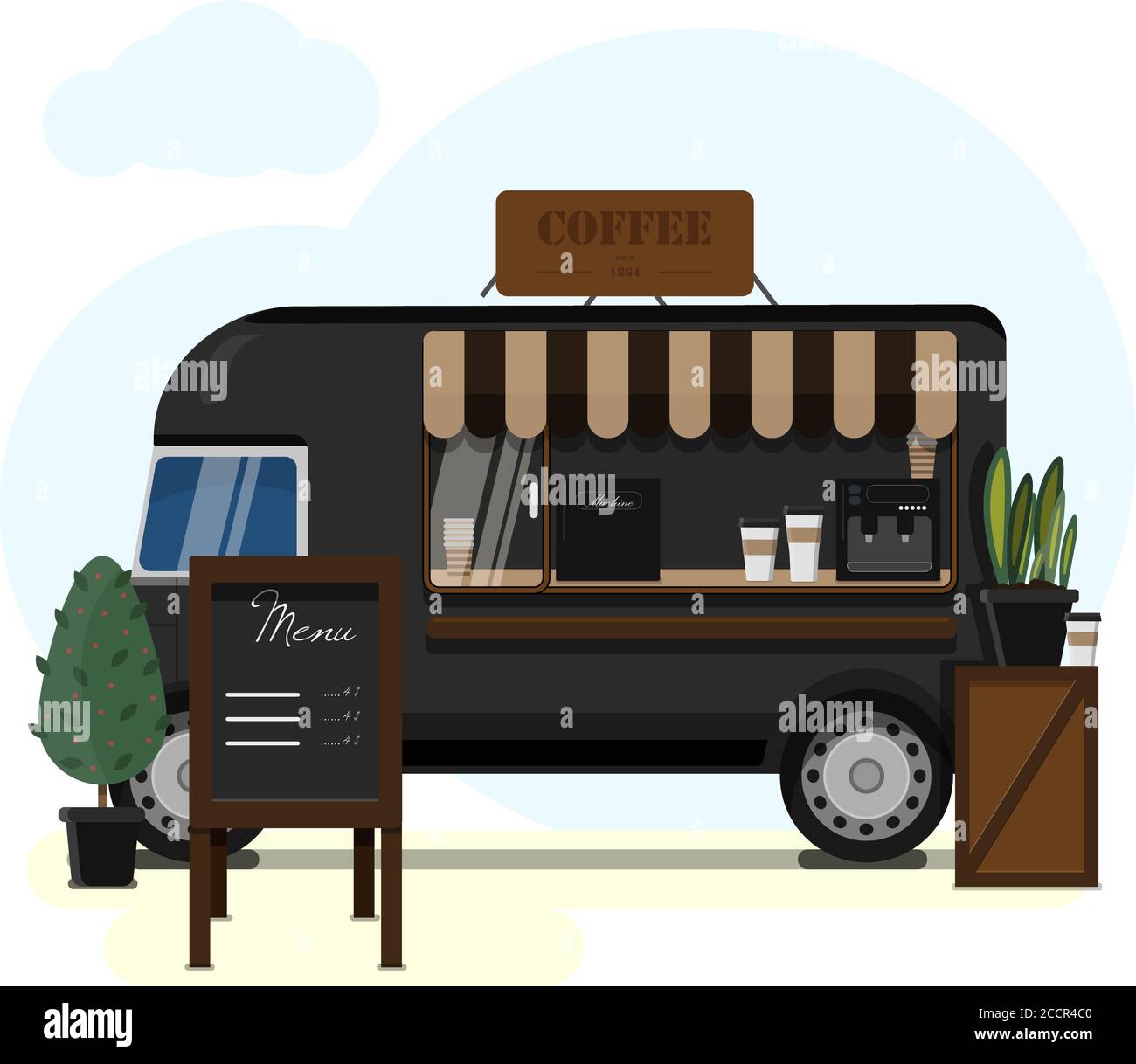 Street van selling coffee. Flat vector illustration of a mobile cafeteria  with a canopy, Billboard and coffee machine. Stylish wooden counter with  coffee to take away. Street food, summer mobile black van