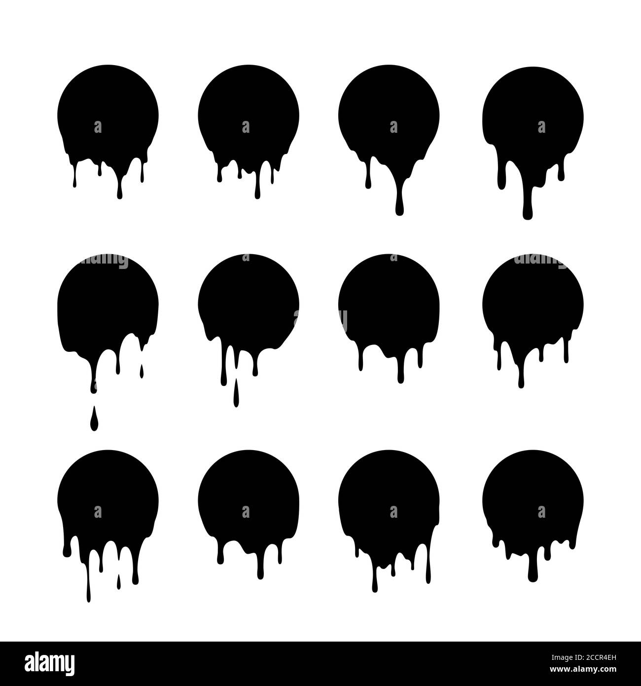 Set of dripping black circles. Dripping liquid. Liquid drops of ink. Vector illustration isolated on white Stock Vector