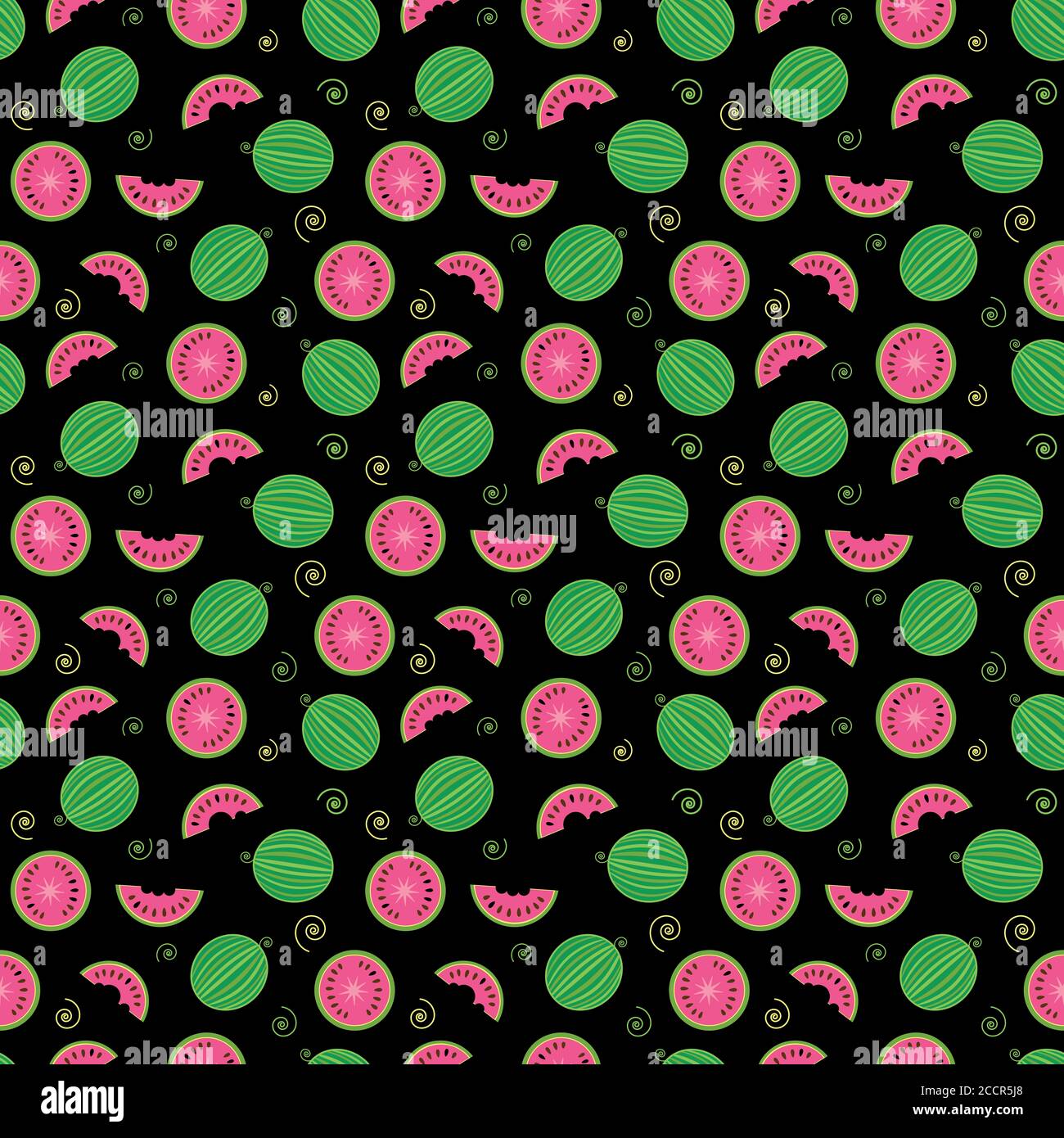whole watermelons and slices on black background, seamless pattern ...