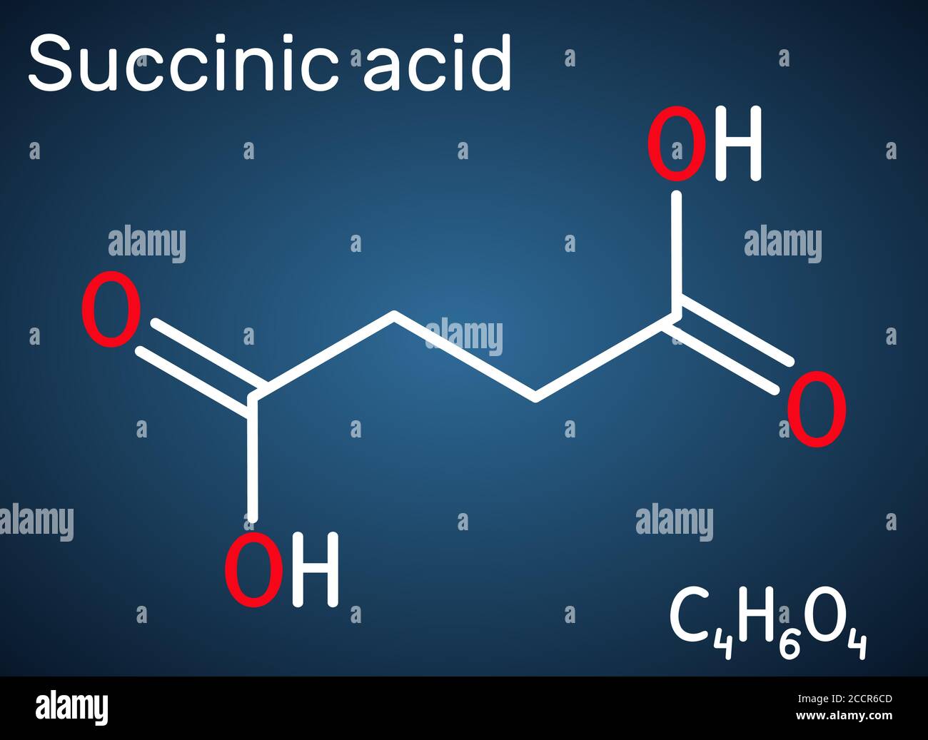 Succinic acid, butanedioic acid, C4H6O4 molecule. It is food additive E363.The anion, succinate, is component of citric acid or TCA. Structural chemic Stock Vector