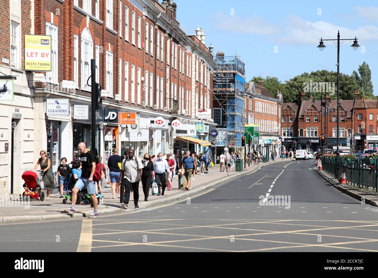 Shoppers on Epsom High Street in town centre, Epsom, Surrey, England
