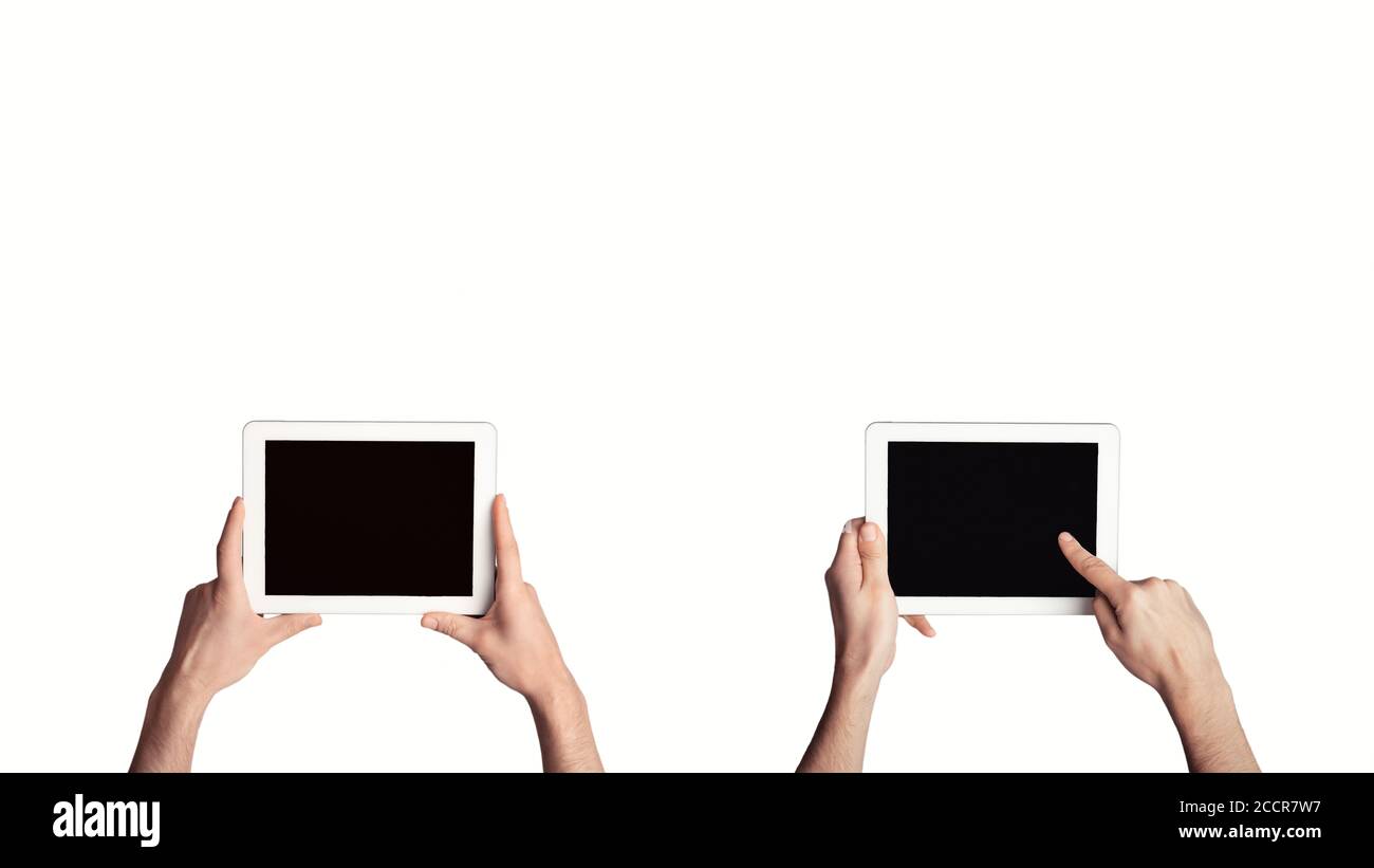 Modern technologies. Unrecognizable young guy with tablet computers, isolated. Collage with mockup for design Stock Photo