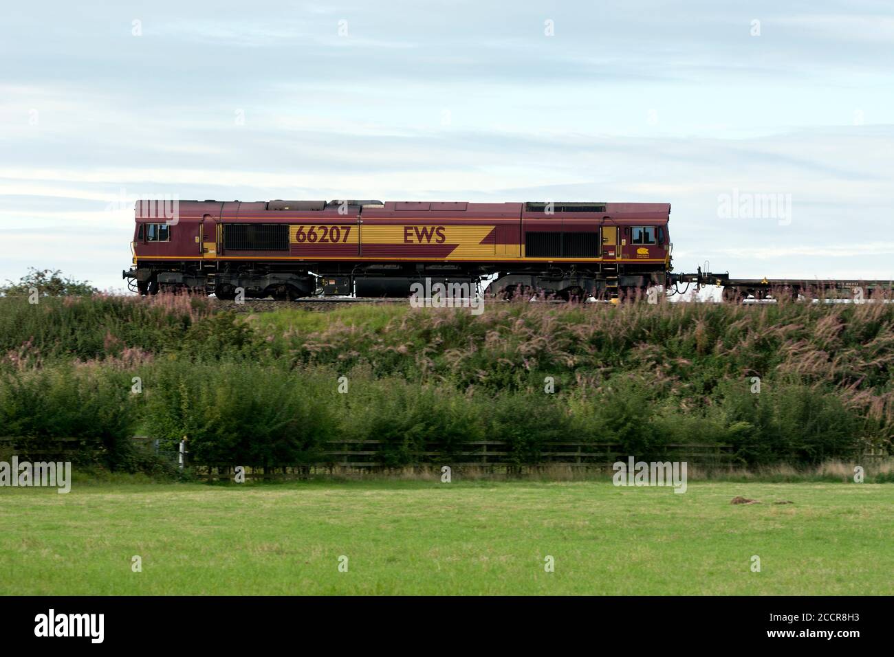 An EWS class 66 diesel locomotive No. 66207 pulling a freight train ...