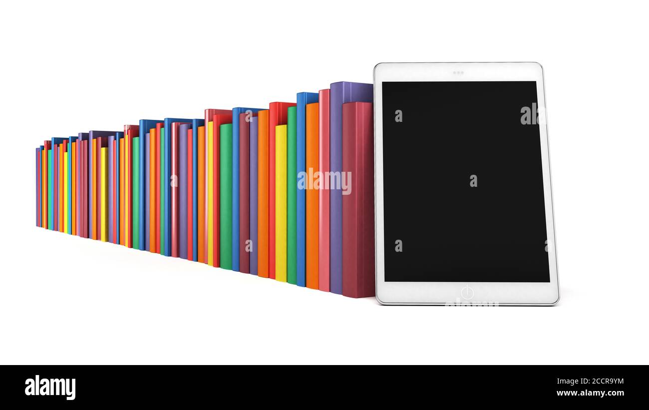 Books in a row with the tablet in the foreground, isolated on white background Stock Photo