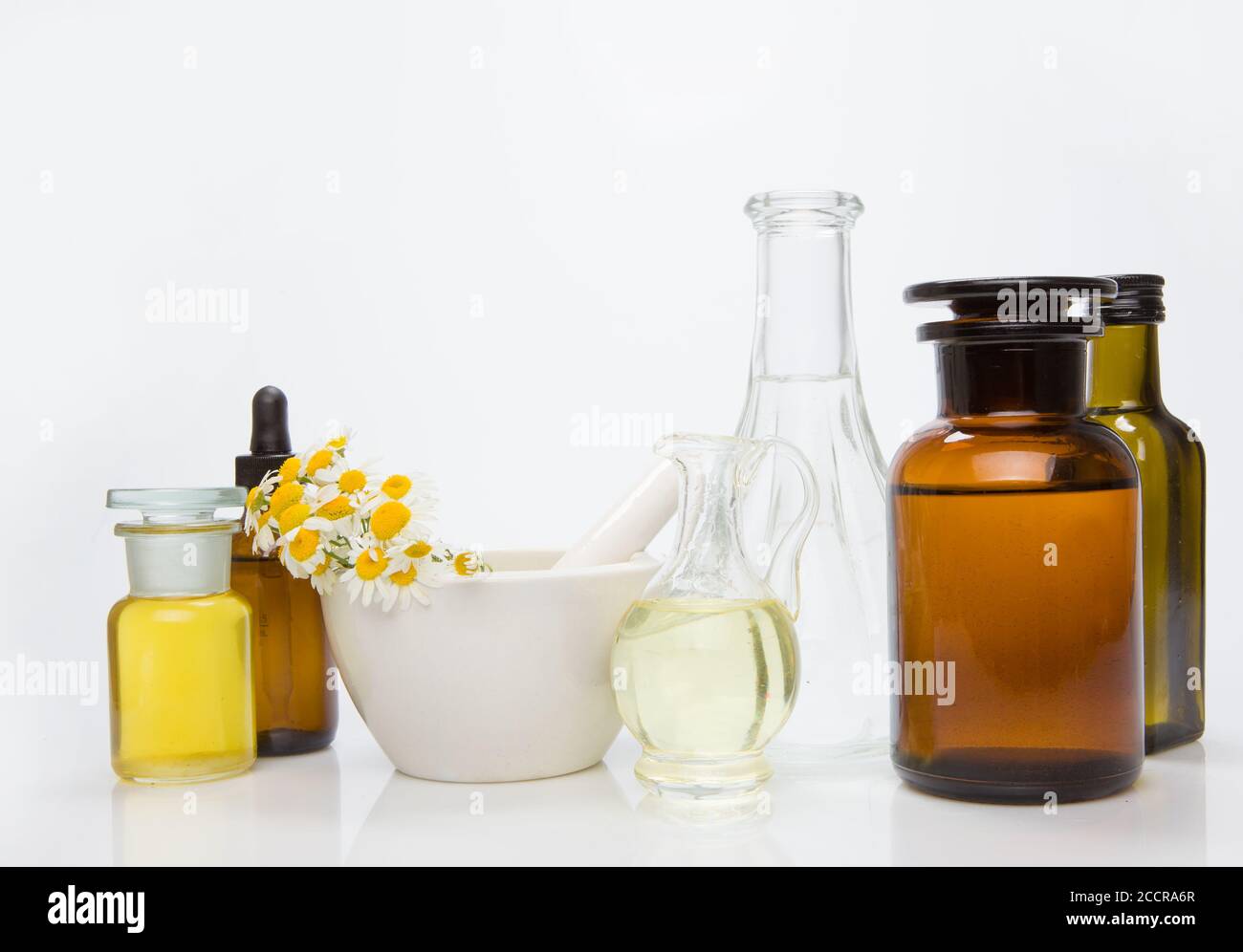 Variety of herbs and essential oil - alternativ medicine. Stock Photo