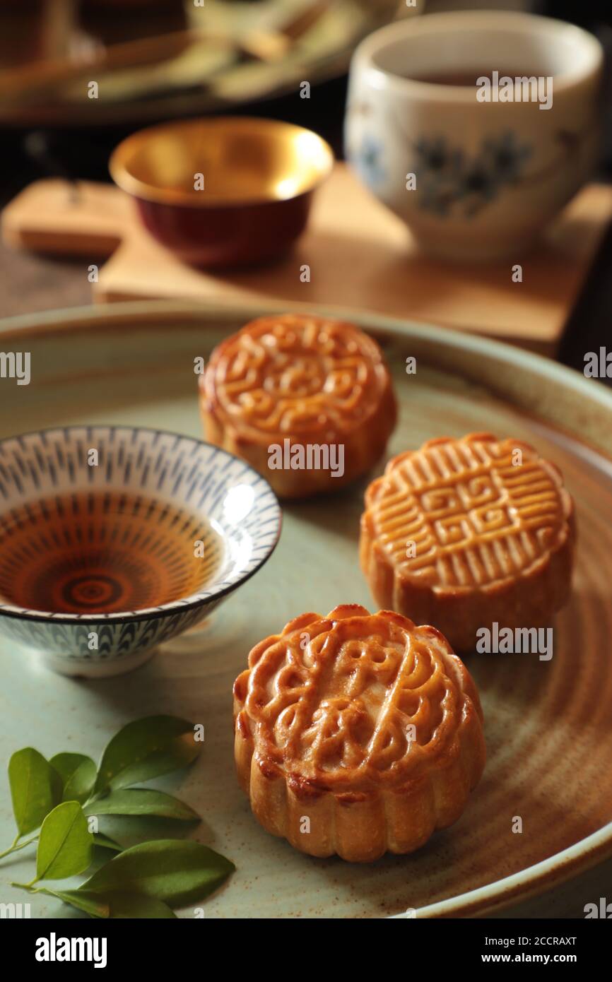 Mooncakes, Seasonal Chinese Pastry for the Mid-Autumn Festival Stock Photo