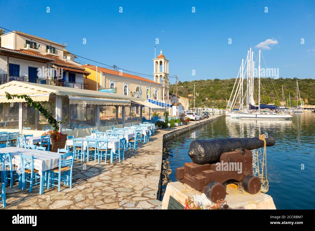 Waterfront view of the village of Vathy, Meganissi, Ionian Islands, Greece Stock Photo