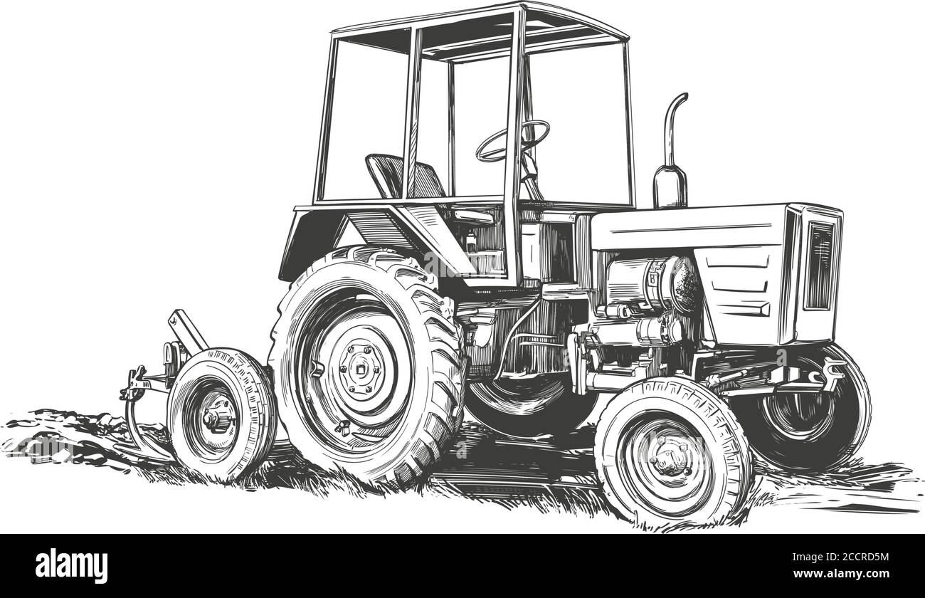 Farm tractor hand drawn vector illustration sketch Stock Vector