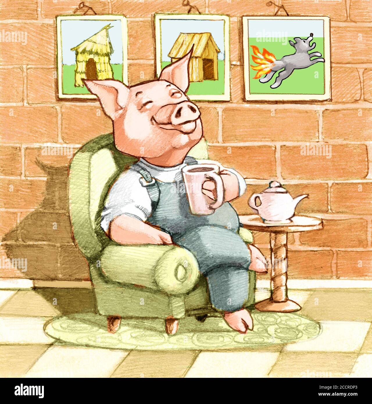 one of the three little pigs sits contentedly in an armchair in his beautiful and sturdy brick house Stock Photo