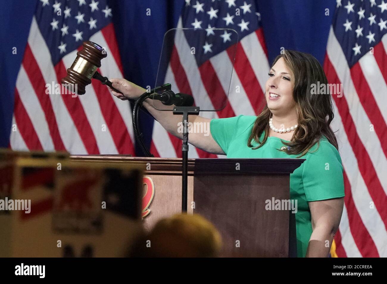 Charlotte, United States. 24th Aug, 2020. Republican National Committee Chairwoman Ronna McDaniel gavels the call-to-order at the opening of the first day of the Republican National Convention on Monday, August 24, 2020, in Charlotte, North Carolina. The four-day event will start with 336 delegates gathering to nominate President Donald Trump for a second term. Pool Photo by Chris Carlson/UPI Credit: UPI/Alamy Live News Stock Photo