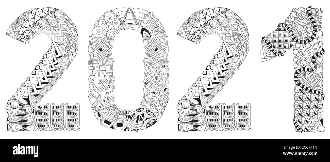 Number 2021 Zentangle. Vector decorative object for coloring Stock Vector