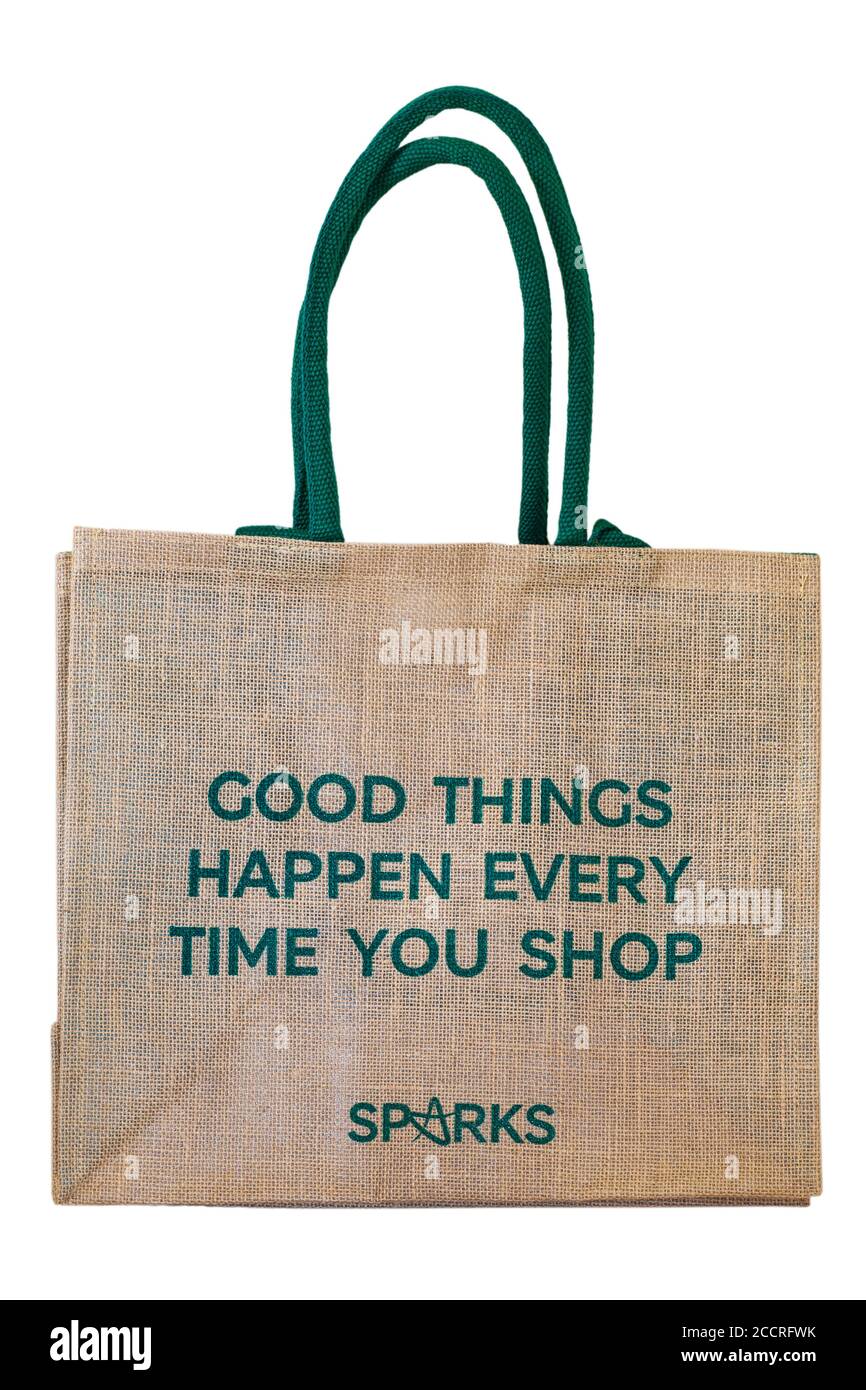 Good things happen every time you shop Sparks jute bag isolated on white background Stock Photo