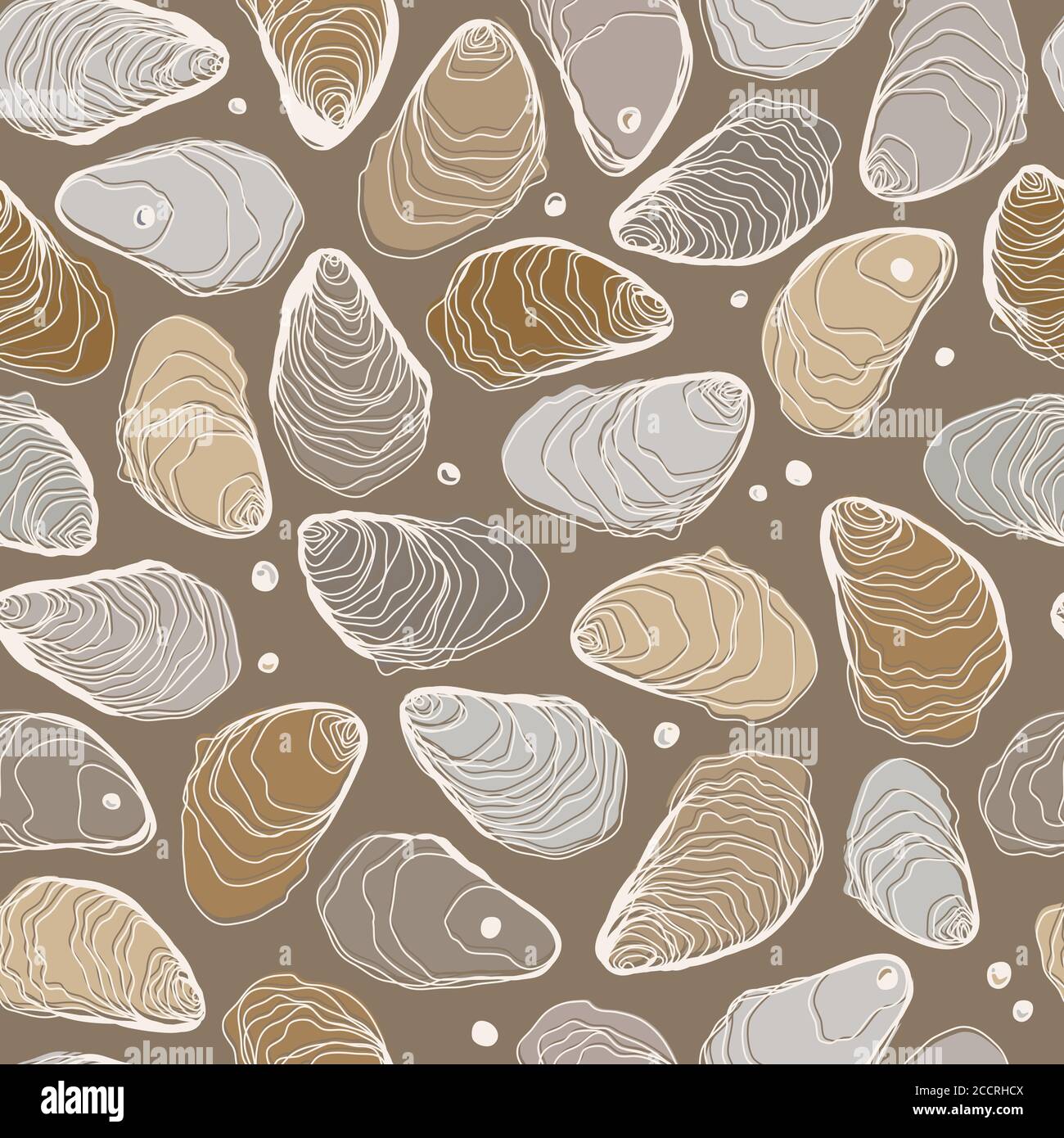 Hand Drawn Seamless Oysters and Pearls Line Pattern on Sand Color Background Stock Vector