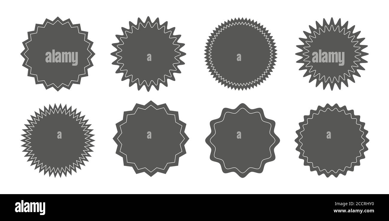 Set of vector starburst, sunburst badges. Black icons on white background. Simple flat style vintage labels, stickers. Stock Vector