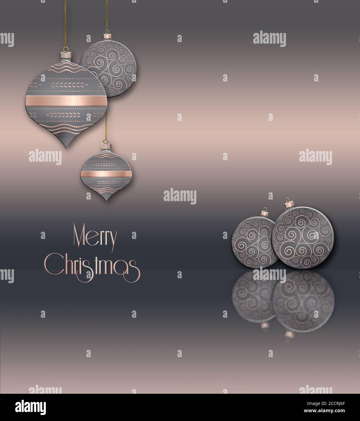 Christmas and New Year balls background. Hanging pastel grey pink decorative bauble with gold decor on metallic background. Text Merry Christmas. 3D illustration Stock Photo