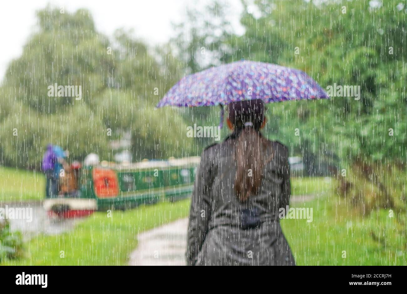 Rear view of blurred woman (upper section) with umbrella walking in the rain alongside a narrowboat on UK canal. British summer weather! Stock Photo