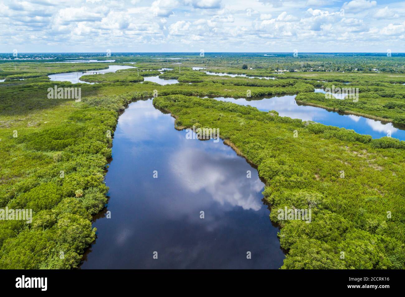 Florida,Punta Gorda,Peace River water,Shell Creek water,mangrove islands,aerial overhead bird's eye view above,visitors travel traveling tour tourist Stock Photo