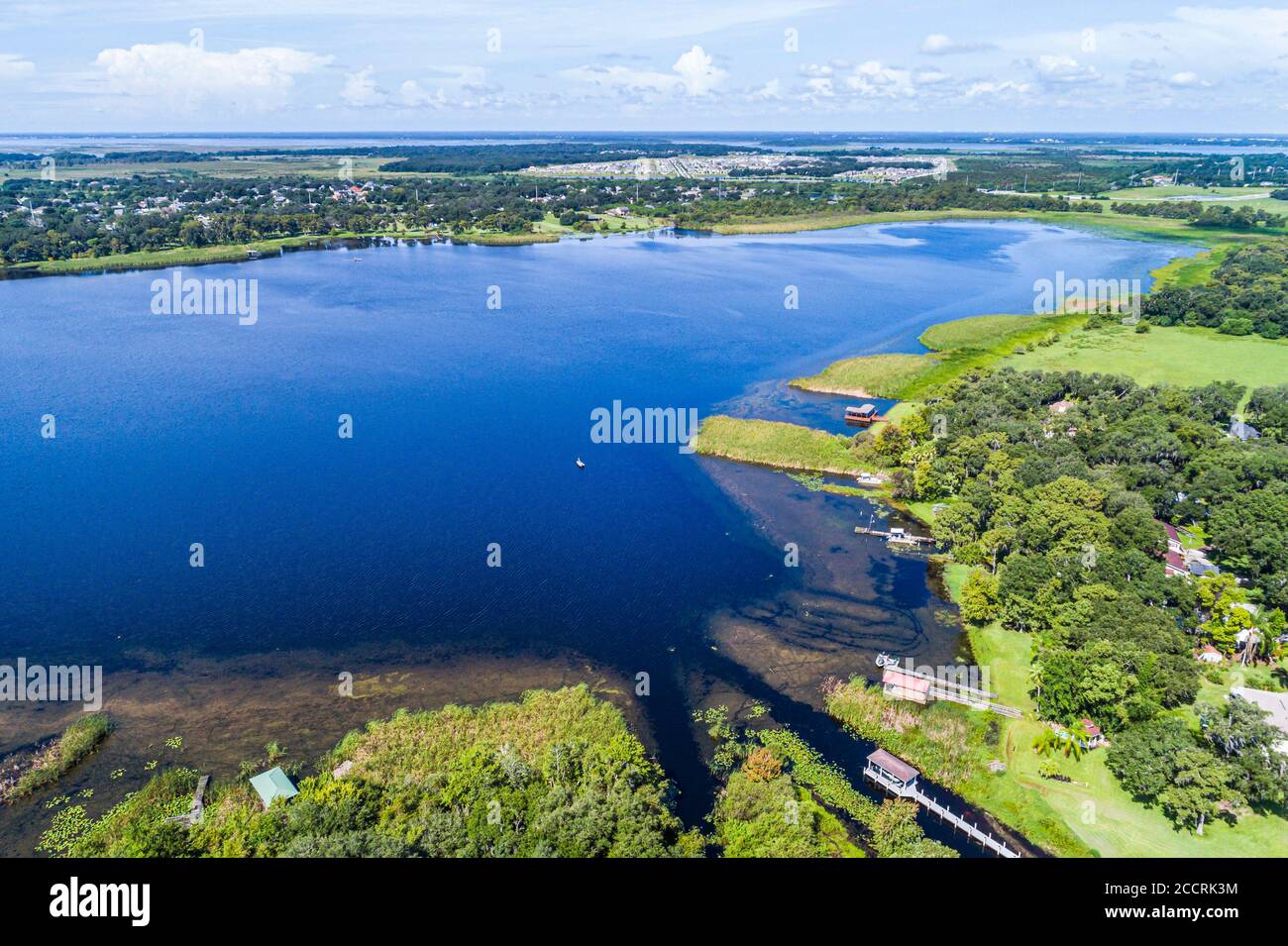 Kissimmee Florida,Partin Settlement,Fish Lake,lakeside homes,private piers,aerial overhead bird's eye view above,visitors travel traveling tour touris Stock Photo