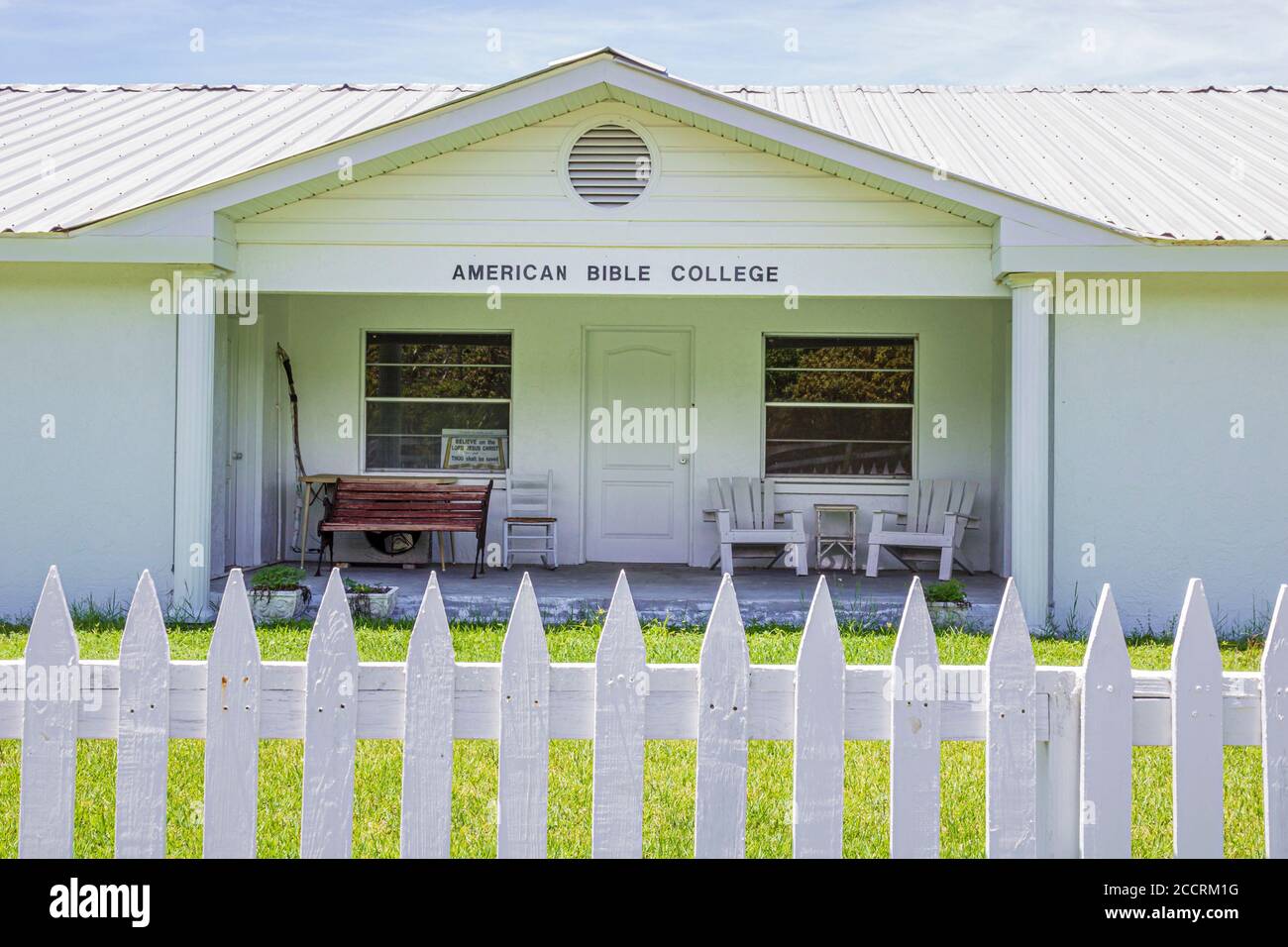 Pine Island Florida,Pineland,American Bible College,white picket fence,building exterior,fundamental Baptist religious teaching,visitors travel travel Stock Photo