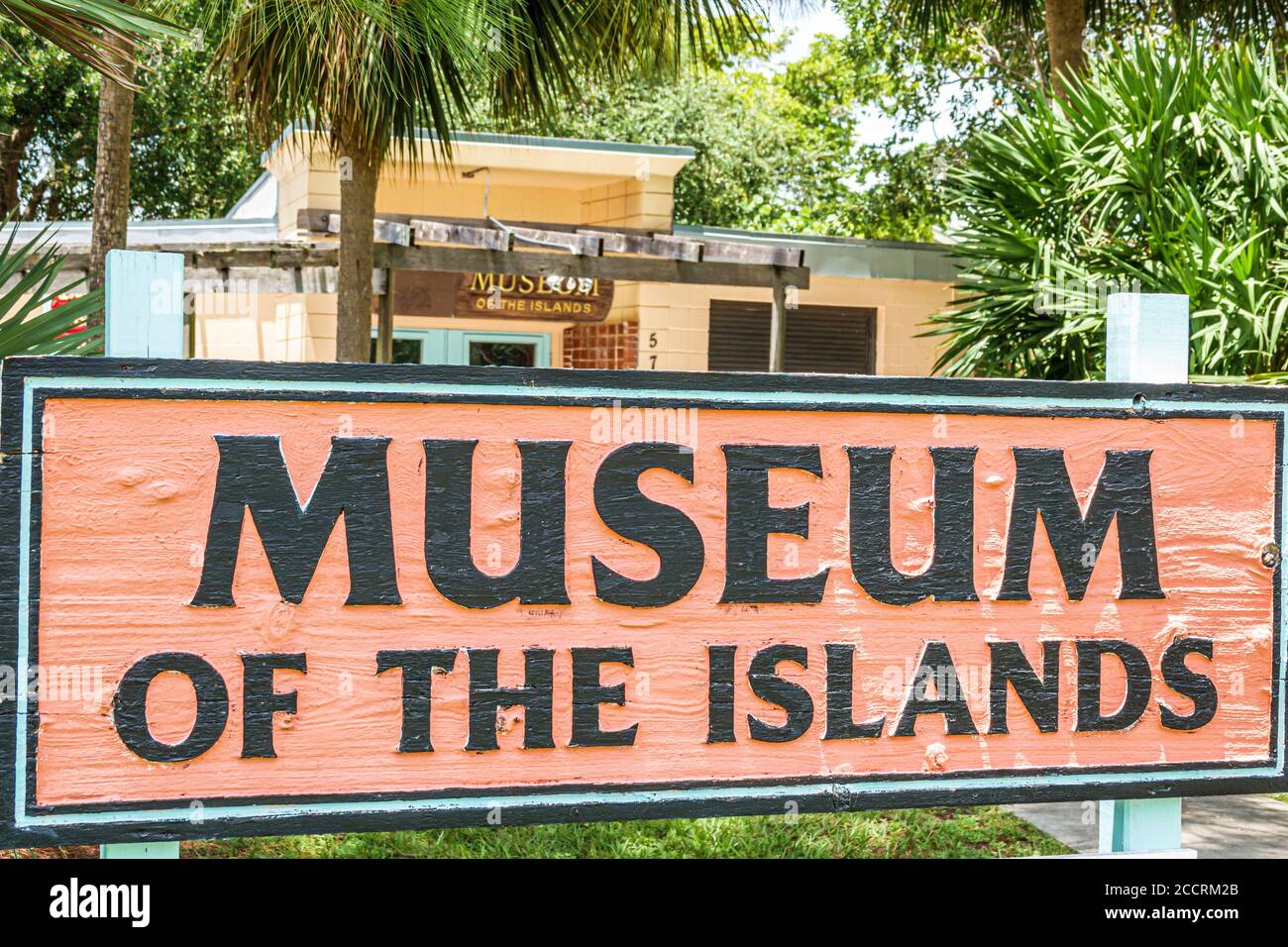 Pine Island Florida,Museum of the Islands,local history artifacts,sign,exterior,front entrance,visitors travel traveling tour tourist tourism landmark Stock Photo