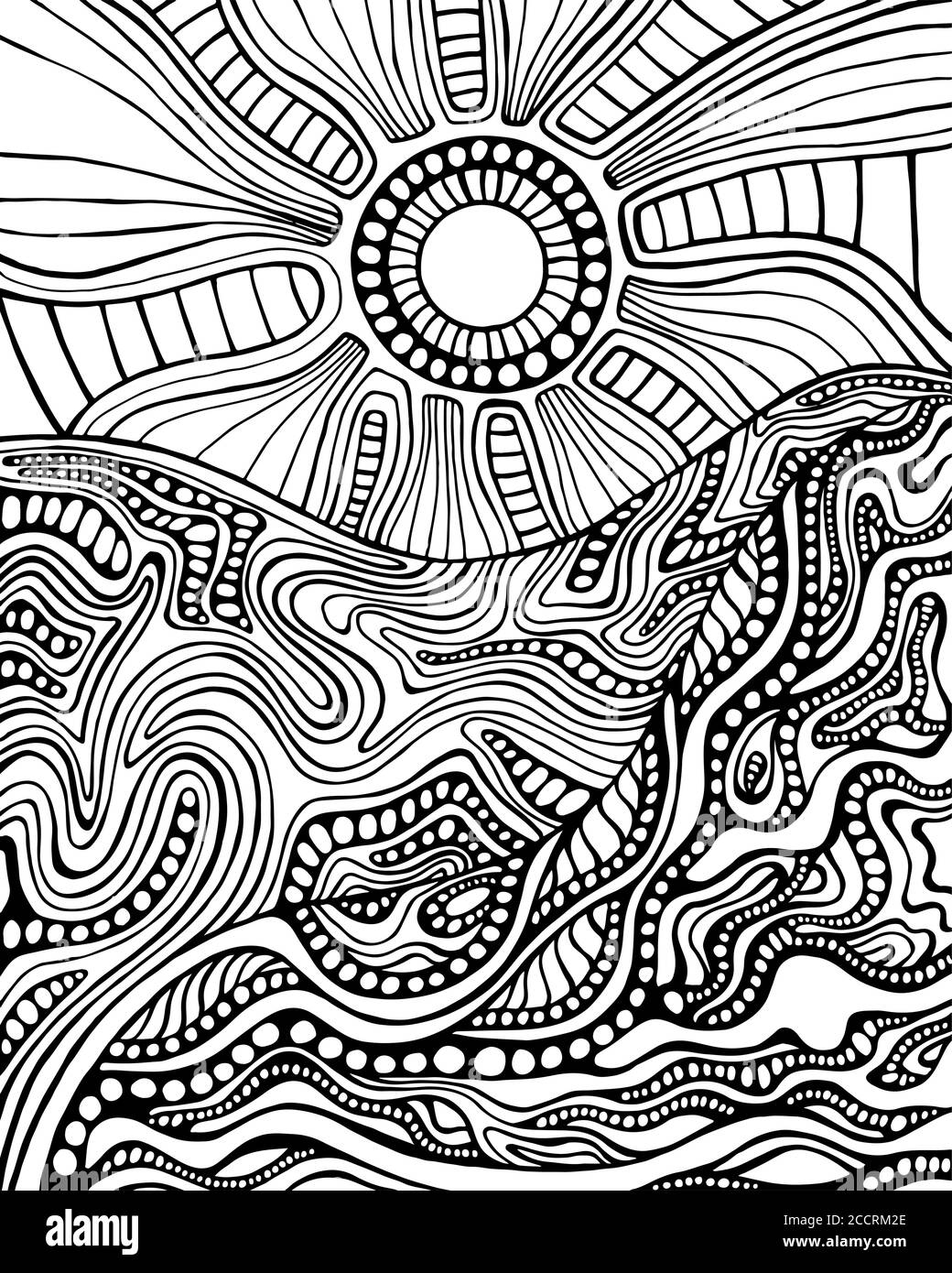 Black and white doodle style landscape with mountain and sun coloring page. Stock Vector
