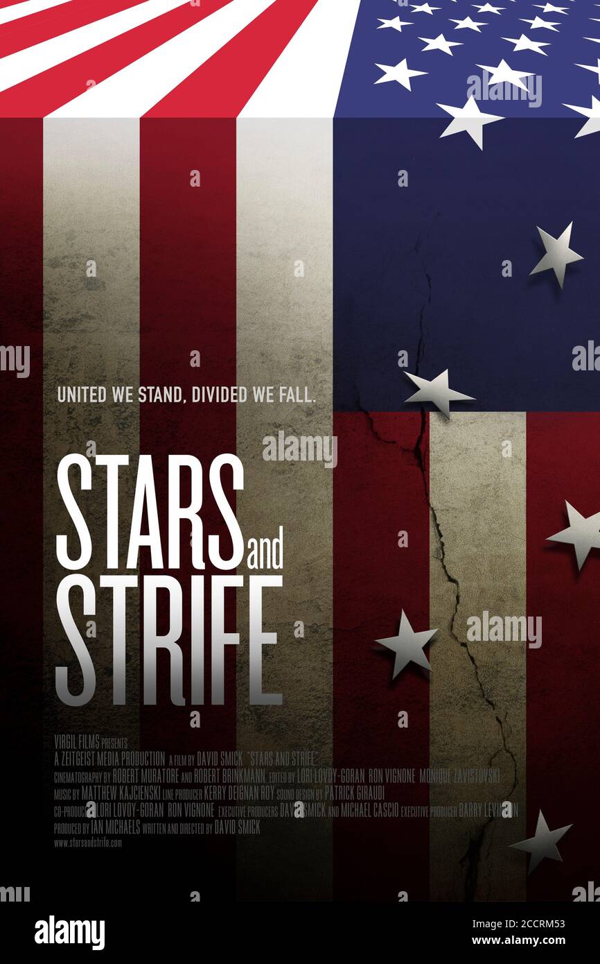 Stars and Strife (2020) directed by David Smick and starring Derek Black, Arthur Brooks, Amy Chua and Alan Greenspan. Documentary about the rise of anger and hate in American culture after decades of running the country against the interests of its people and suggests further compromise could help. Stock Photo