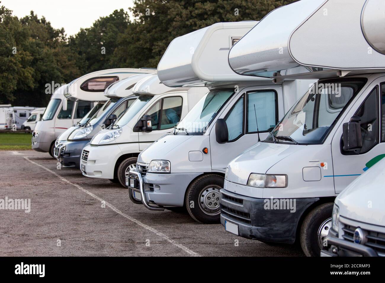 Motorhomes parked at motorhome campground. Stock Photo