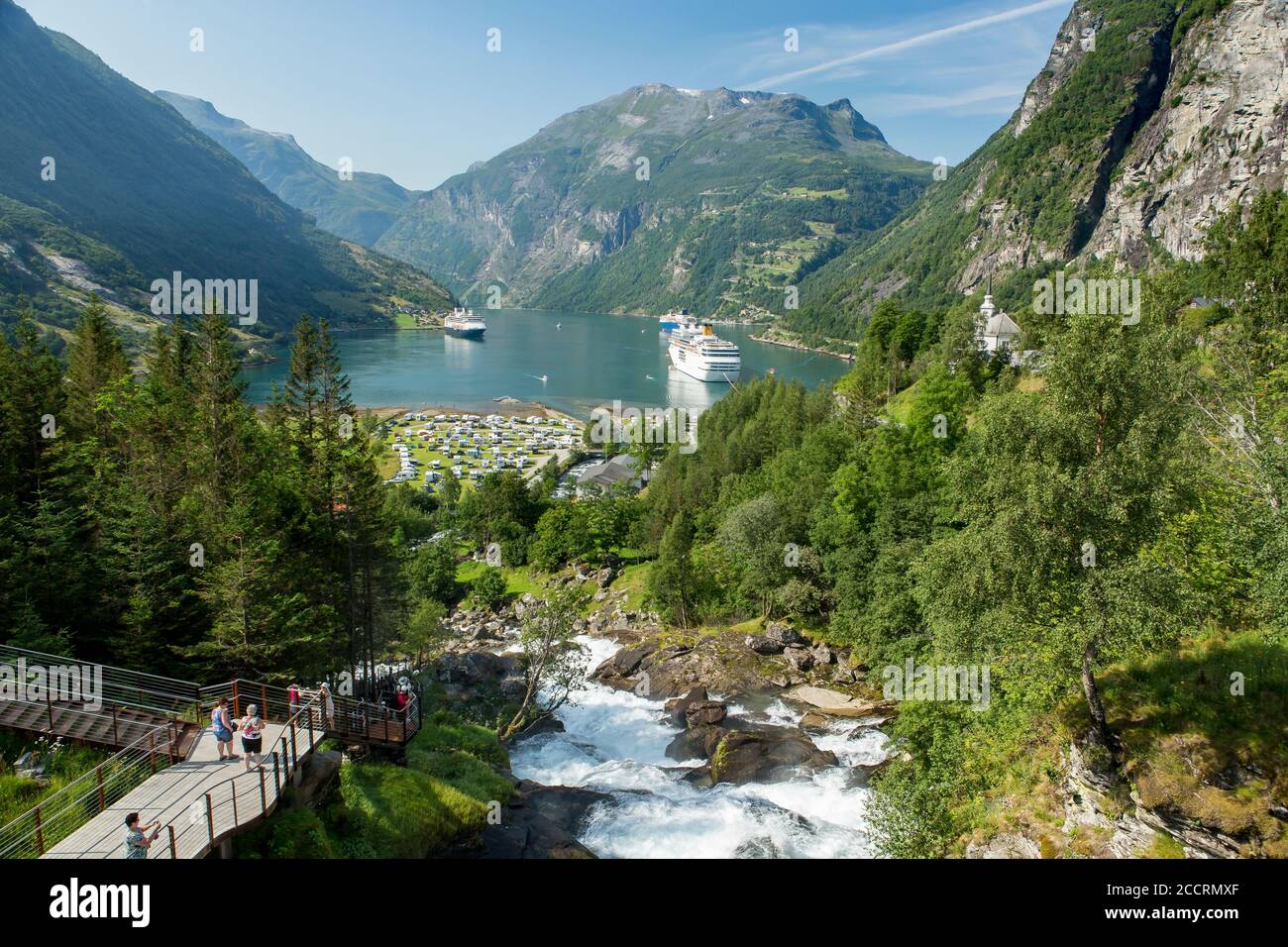 View over the camp site breathtakingly located at the Geiranger Fjord. Stock Photo