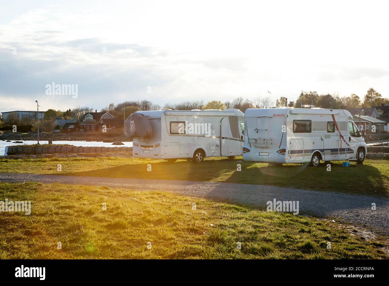 NOGERSUND, SWEDEN - MAY 2, 2014: The motorhome parking at Nogersund is a popular place for staying a couple of nights with a camping car. Stock Photo