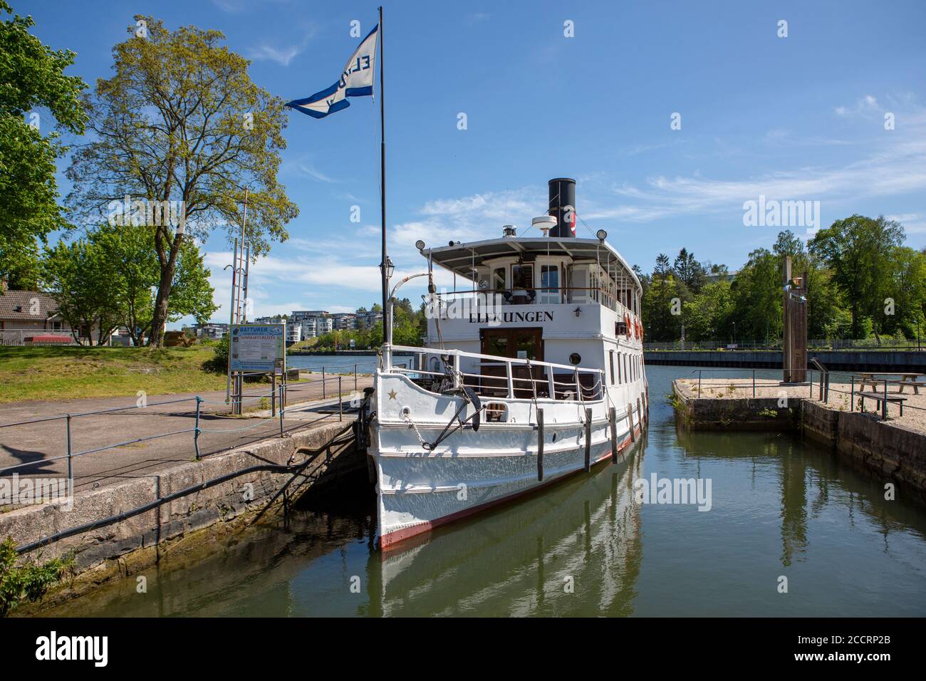TROLLHATTAN, TSWEDEN - MAY 31, 2019: The river boat Elfkungen is located nearby the old locks of Trollhattan and is popular for tourists to visit. Stock Photo
