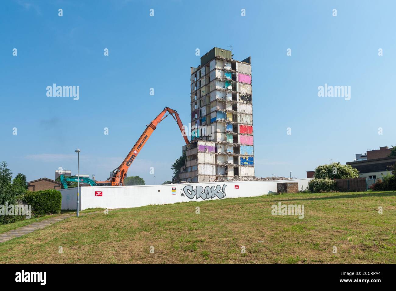 Demolition is underway of Heath House tower block in Druids Heath