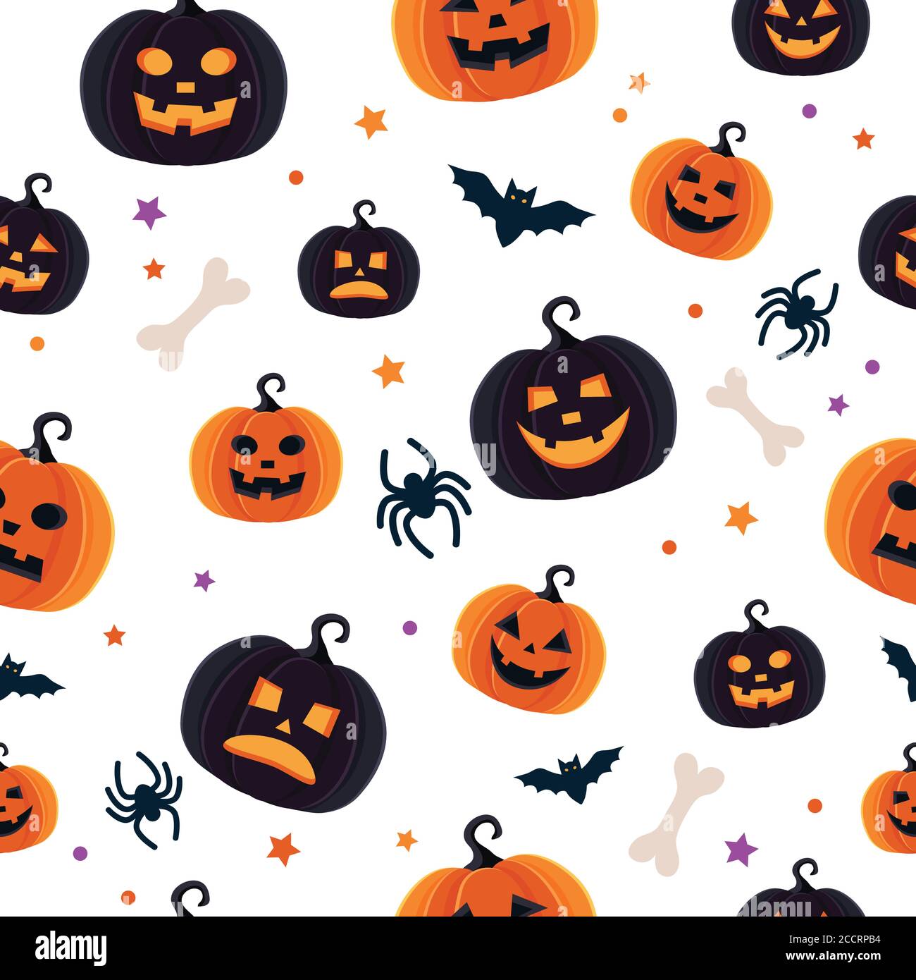 Halloween pattern with different pumpkins, spooky jack o lantern, spiders and bats Stock Vector