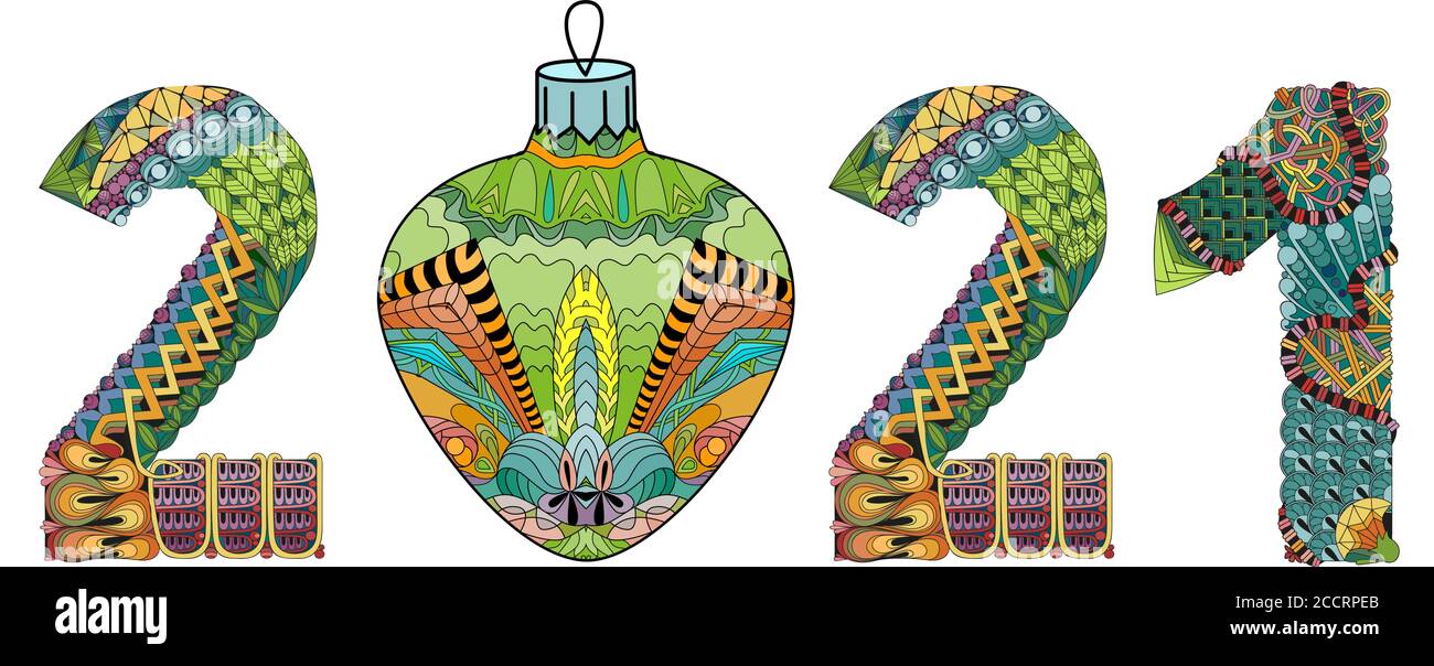 Number 2021 with a Christmas ball Zentangle. Vector decorative object Stock Vector