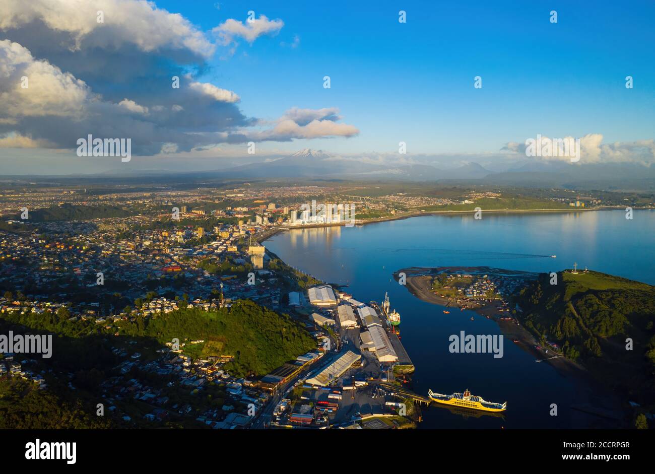 Aerial view of the city of Puerto Montt with its Tenglo channel and its bay within the Reloncavi Stock Photo