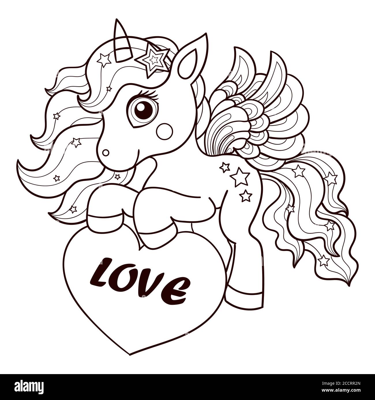 Little unicorn holds a heart. Love lettering. Linear drawing. For the ...