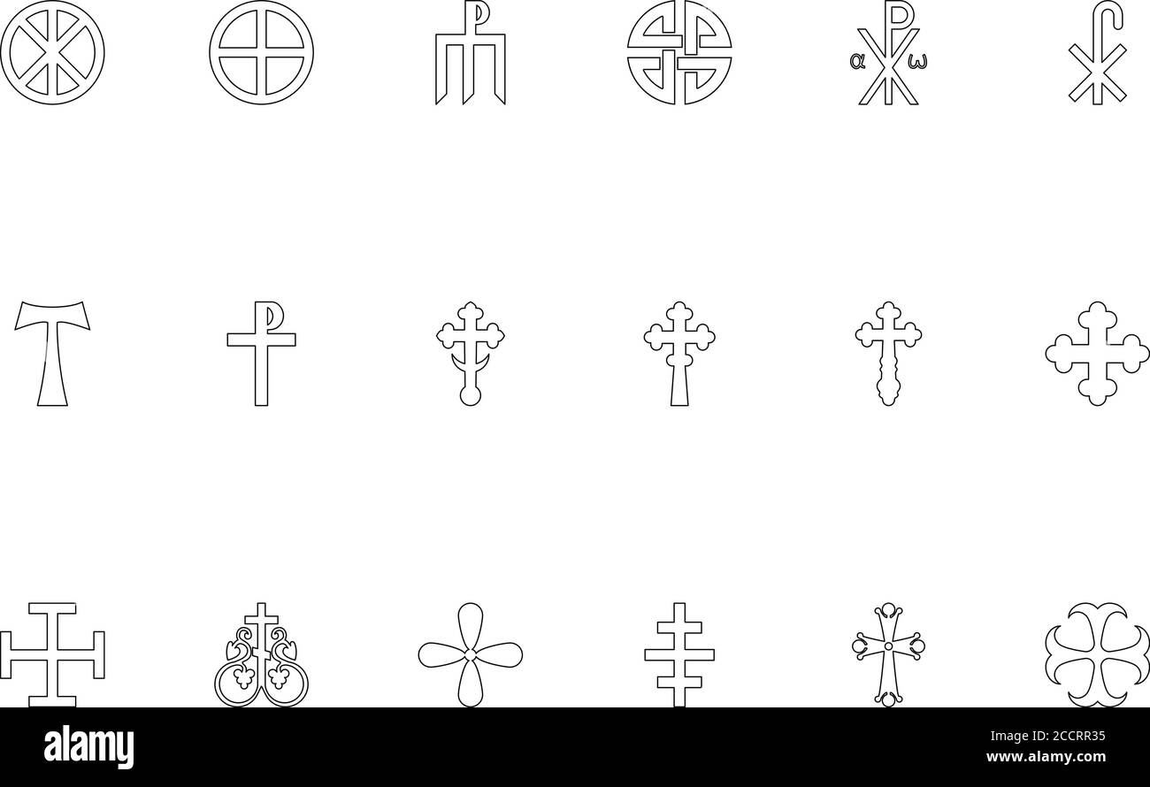 Religious cross black color set outline style vector illustration Stock