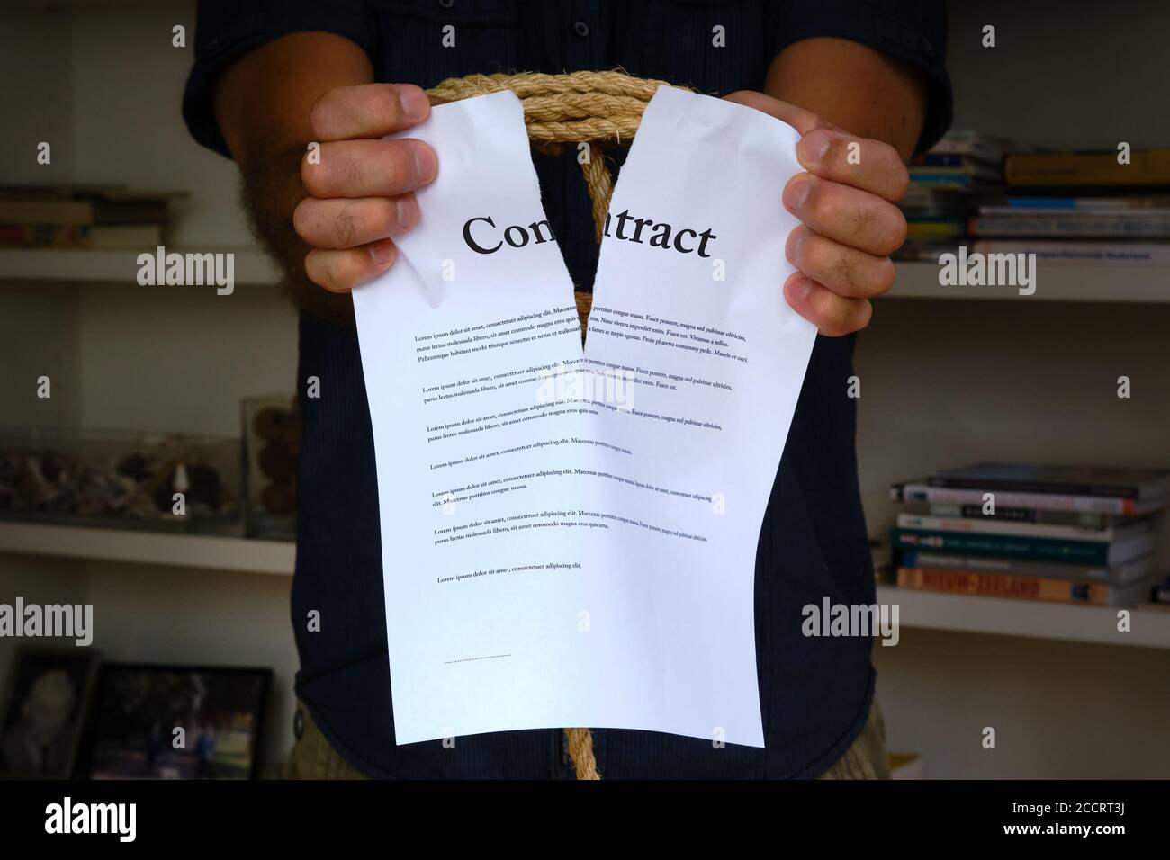 Tied hands tearing contract paper in front of bookcase. Bound man hands rip paper contract, breach of contract. Lorum Ipsum text Stock Photo