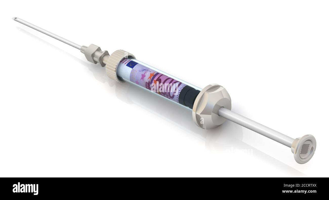 Financial injections. Medical syringe with a banknote of the European