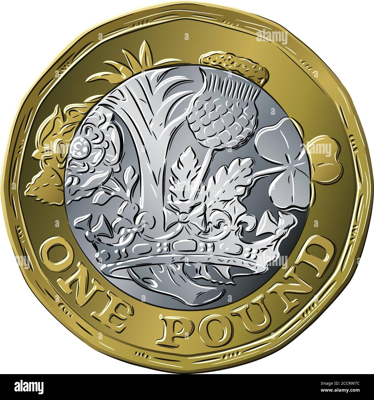Vector British money gold coin one pound new 12-sided design with English rose, leek for Wales, Scottish thistle and shamrock for Northern Ireland Stock Vector
