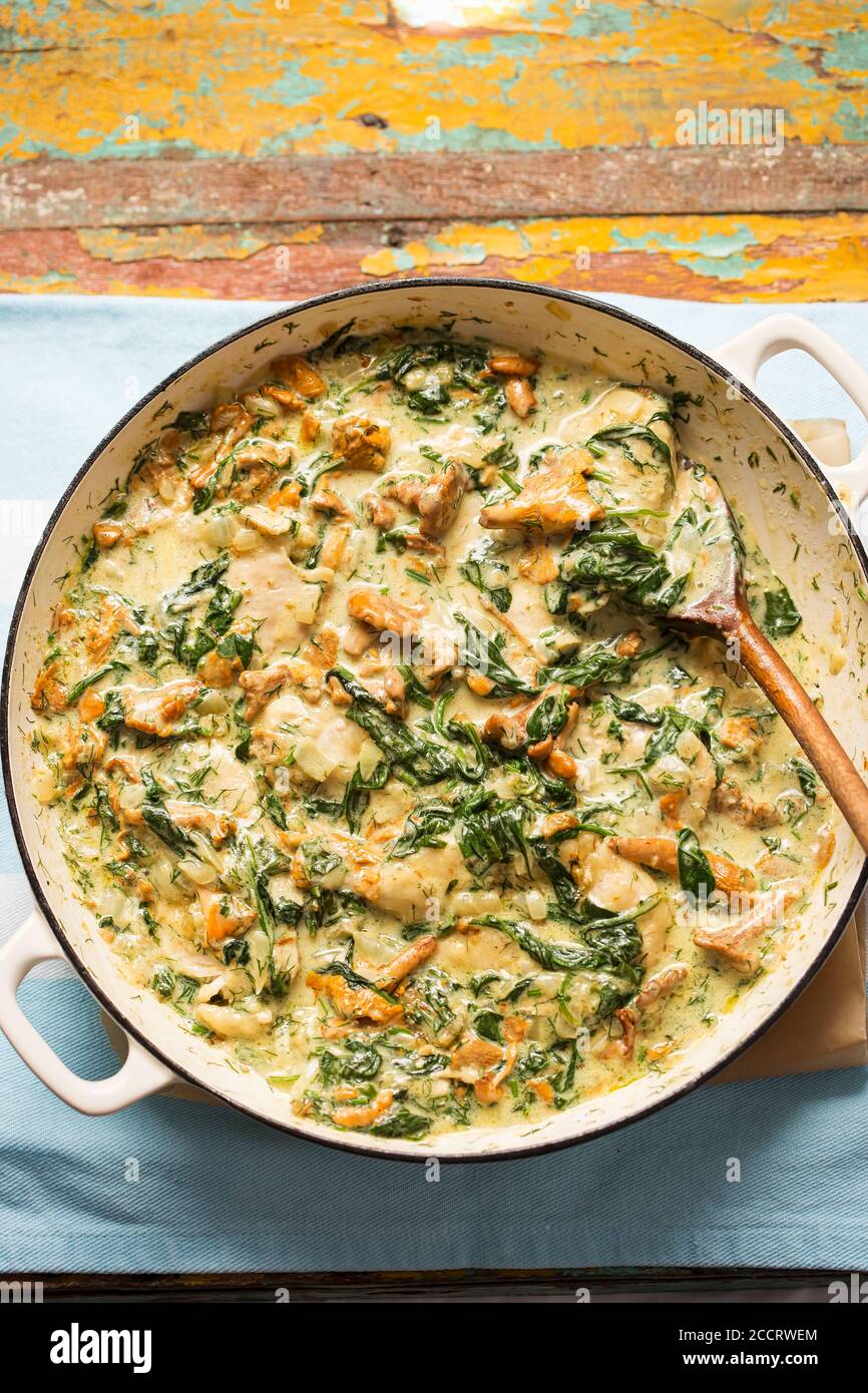 Fried chicken with chanterelle mushrooms, spinach in creamy dill sauce