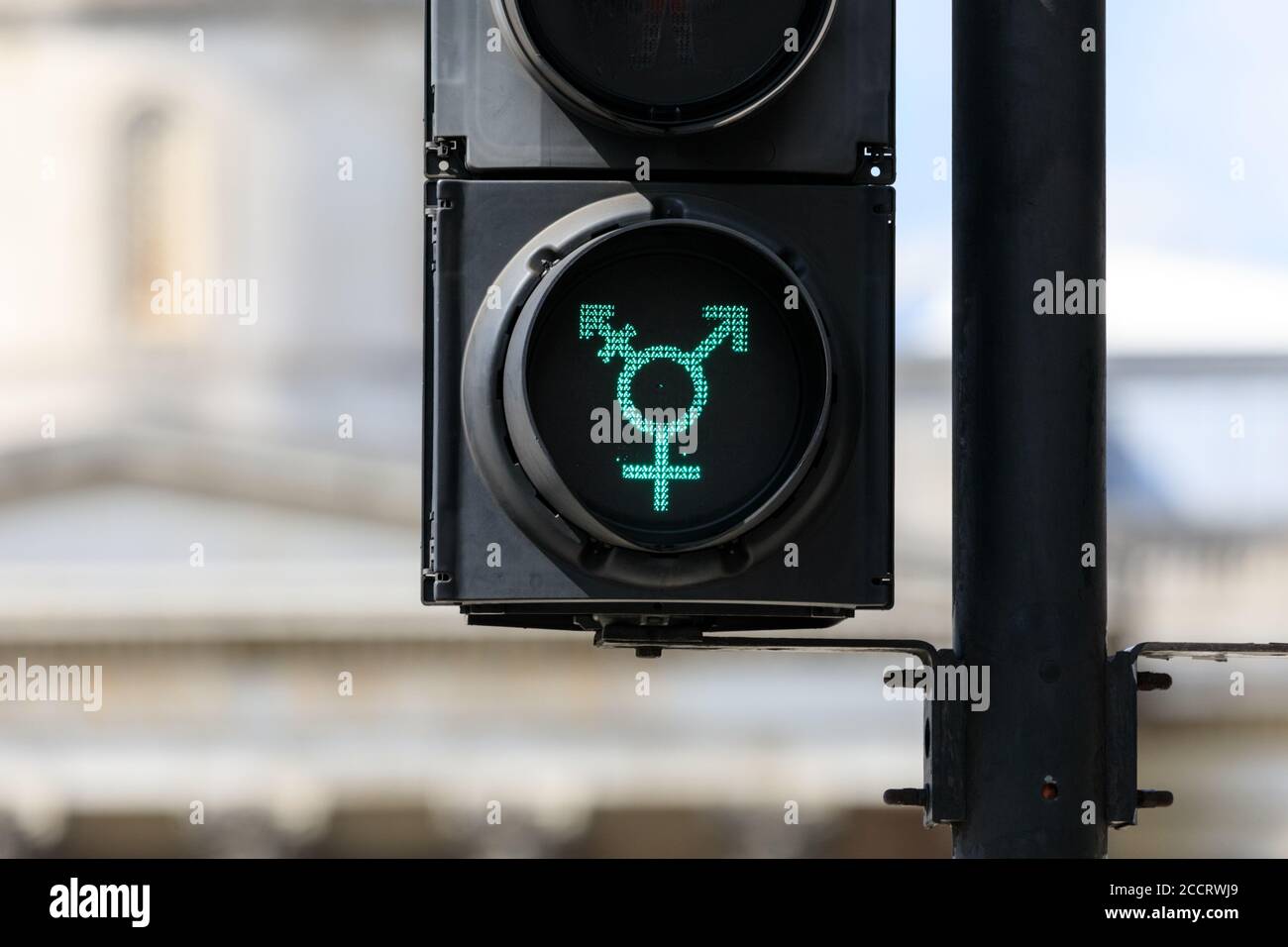 ‘Gay’ traffic light filters, gender neutrality sign brought in for Gay Pride, Trafalgar Square, London, UK Stock Photo