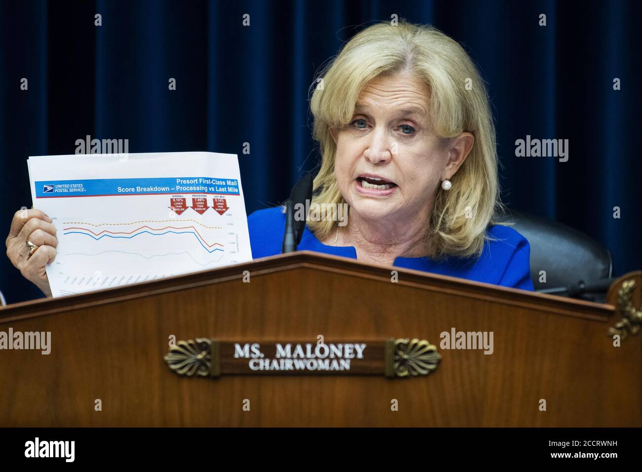 Washington, United States. 24th Aug, 2020. Chairwoman Carolyn Maloney, D-N.Y., questions Postmaster General Louis DeJoy during a House Oversight and Reform Committee hearing on slowdowns at the Postal Service ahead of the November elections on Capitol Hill in Washington, DC on Monday, August 24, 2020. Pool Photo by Tom Williams/UPI Credit: UPI/Alamy Live News Stock Photo