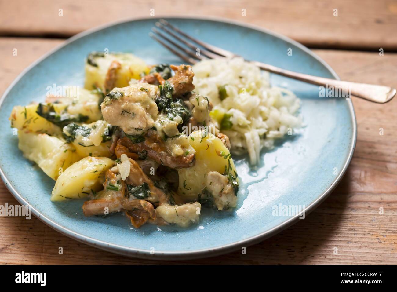 Fried chicken with chanterelle mushrooms, spinach in creamy dill sauce