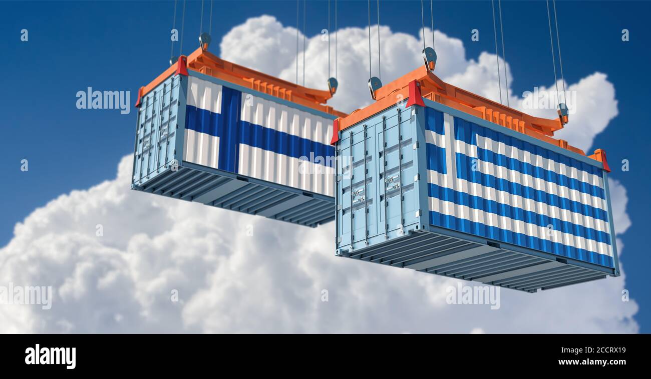Freight containers with Greek and Finland flag. 3D Rendering Stock Photo
