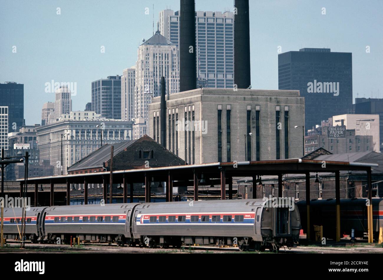 AMTRAK TRAIN IN RAILWAY SIDINGS, CHICAGO UNION STATION, ILLINOIS, USA, 1970s Stock Photo